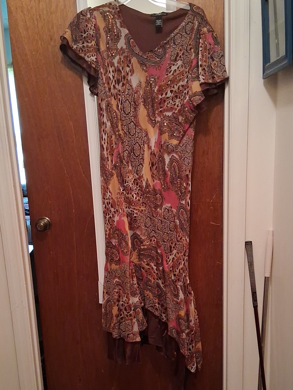 Midnight Velvet Brown and Pink Paisley Asymmetrical Maxi Dress